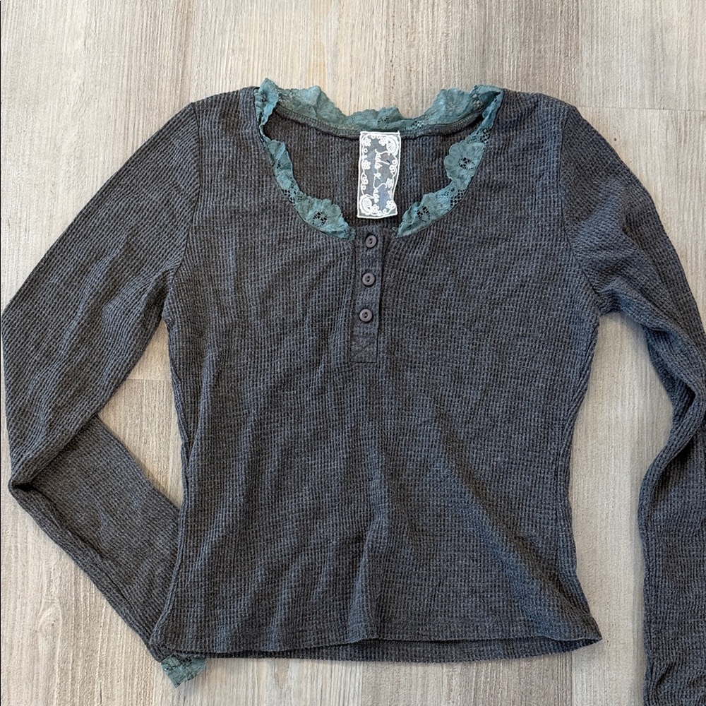 Dark Gray Thermal Top with Lace Trim